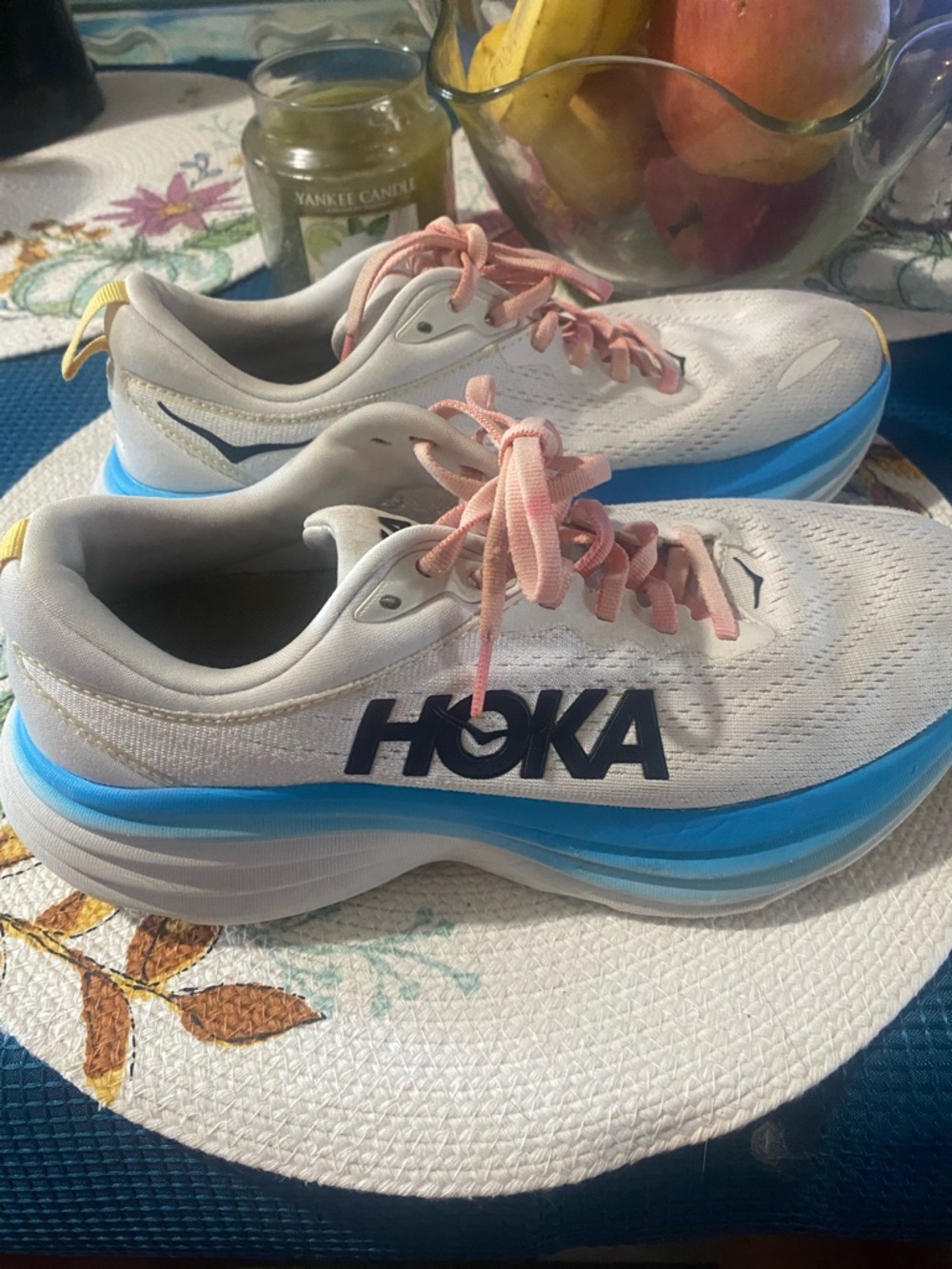 Hoka Women's White Running Shoes with Blue Midsole and Pink Laces